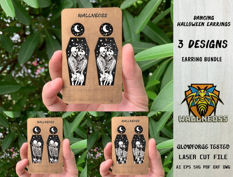 Op de afbeelding: Drie ontwerpen voor lasergesneden Halloween-oorbellen met een skeletpaar dat in een kist danst. De oorbellen zijn gemaakt van hout en hebben een zwart-wit ontwerp. De tekst "Dancing Halloween Earrings" en "3 Designs Earring Bundle" is zichtbaar in de afbeelding. De tekst "WALLNEOSS" is ook zichtbaar in de afbeelding.
