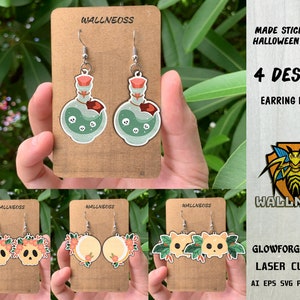 May include: Four designs of Halloween earring stickers. The designs include a potion bottle, a skull with flowers, a moon with flowers, and a cat with flowers. The stickers are on brown cardstock with the text "WALLNEOSS" printed on each card. The text "MADE STICKERS FOR HALLOWEEN EARRINGS" and "4 DESIGNS EARRING BUNDLE" are printed on a separate card. The text "GLOWFORGE TESTED LASER CUT FILE AI EPS SVG PDF DXF DWG" is printed on a card with a bee logo.