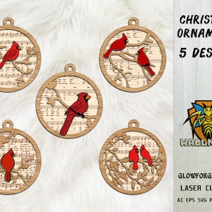 Roter Kardinal Vogel Noten Ornamente SVG, Weihnachtslieder SVG, Christmas Ornament, Laser cut file, Glowforge svg