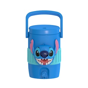 May include: A bright blue beverage cooler featuring a molded 3D graphic of the character Stitch on the front. The cooler has a matching blue handle, a light blue textured band around the center, and a small dispensing spigot at the bottom.