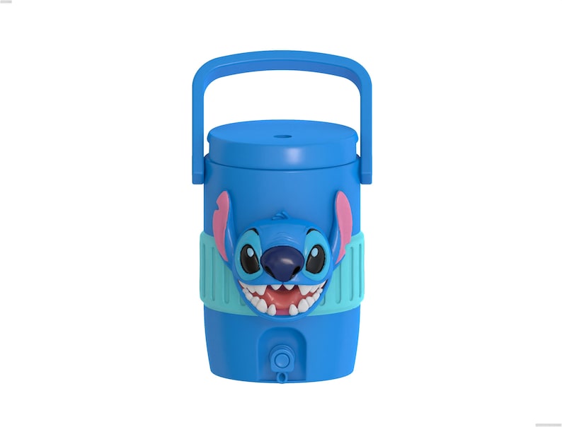 May include: A bright blue beverage cooler featuring a molded 3D graphic of the character Stitch on the front. The cooler has a matching blue handle, a light blue textured band around the center, and a small dispensing spigot at the bottom.