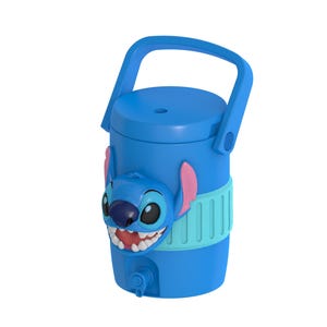 May include: A blue cylindrical beverage dispenser featuring a molded 3D Stitch character face on the front. The container includes a top handle, a light blue textured band around the middle, and a small spigot at the base for liquid dispensing.