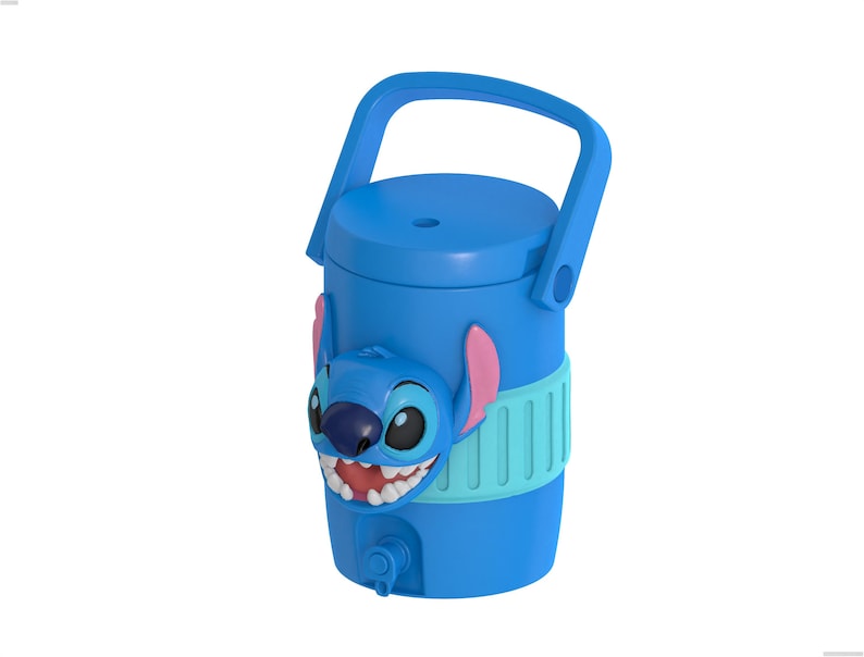 May include: A blue cylindrical beverage dispenser featuring a molded 3D Stitch character face on the front. The container includes a top handle, a light blue textured band around the middle, and a small spigot at the base for liquid dispensing.