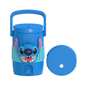 May include: A bright blue beverage cooler featuring a raised, three-dimensional graphic of the character Stitch on the front. The cooler includes a top handle, a small spigot at the base, and a separate circular lid with a central hole for a straw.