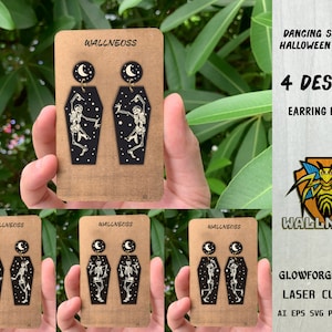 May include: Four designs of laser cut earring files featuring dancing skeletons in coffins with a crescent moon. The files are for Glowforge and include AI, EPS, SVG, PDF, DXF, and DWG formats. The text "Dancing Skeletons Halloween Earrings" and "4 Designs Earring Bundle" is included in the image.