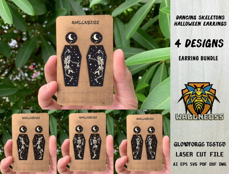 May include: Four designs of laser cut earring files featuring dancing skeletons in coffins with a crescent moon. The files are for Glowforge and include AI, EPS, SVG, PDF, DXF, and DWG formats. The text "Dancing Skeletons Halloween Earrings" and "4 Designs Earring Bundle" is included in the image.