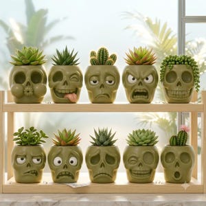May include: A collection of ten olive green skull-shaped planters arranged on a two-tiered wooden shelf. Each planter features a unique facial expression and contains a different small succulent or cactus plant, including varieties with green leaves.