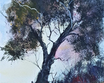 Originalkonst, abstrakt konst, originalmålning, akvarellmålning, stämningsfull konst, samtida konst, heminredning, höstträd.