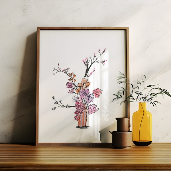 Flower Bouquet Cherry - Hand-Drawn Illustration Print  - Flower Bouquet Print - Natures Colors - Home Decor Collectible - Wallart or Poster
