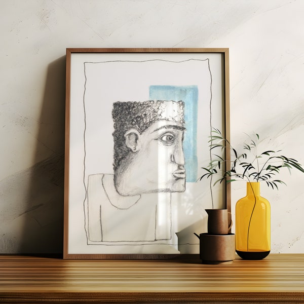 Square Head - Hand-Drawn Illustration Print - Contemplative Figure Sketch Art Print - Modern Minimalist Drawing - Abstract Human Portrait