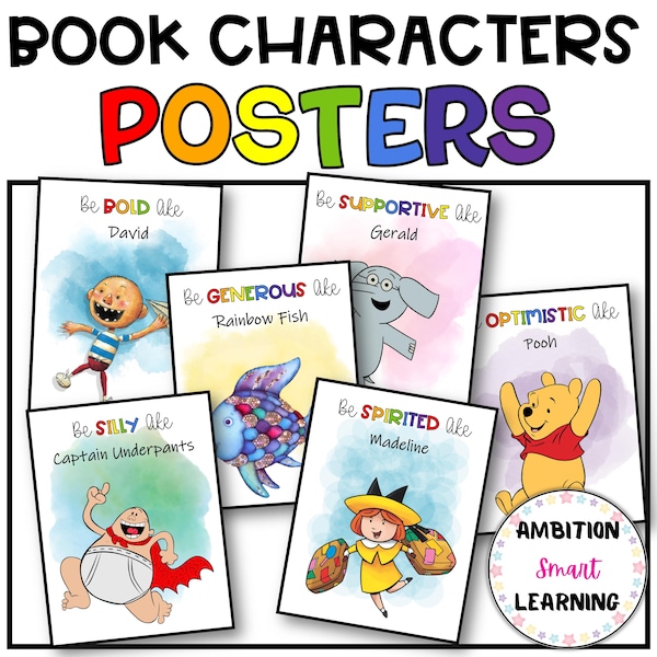 Book Character Posters Positive Affirmation, Watercolors, Classroom Library, Quotes Posters, Bulletin Board, Classroom Decor, Library Decor
