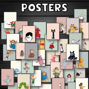 May include: A collection of square posters featuring various book characters. The posters are arranged on a dark wood-grain background. The text "BOOK CHARACTERS" and "POSTERS" is displayed at the top. Each poster has a different character illustration.