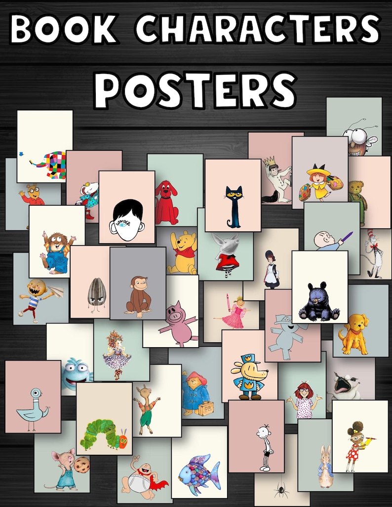May include: A collection of square posters featuring various book characters. The posters are arranged on a dark wood-grain background. The text "BOOK CHARACTERS" and "POSTERS" is displayed at the top. Each poster has a different character illustration.
