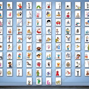May include: A collection of framed cartoon character art prints. Each print features a different character in a colorful, minimalist style. The prints are arranged on a blue wall, creating a vibrant and playful display.