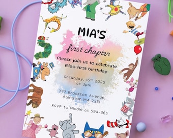 Invito di compleanno modificabile con tema di libri per bambini, invito di compleanno con personaggi di libri, modello digitale stampabile