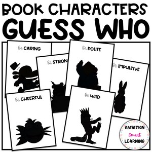 May include: A collection of white cards with black silhouettes of book characters. The cards are labeled with personality traits such as "Caring", "Polite", and "Wild". The title "BOOK CHARACTERS GUESS WHO" is at the top.