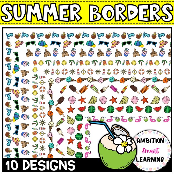 Summer Borders Clip Art, Sand Castles, Shells, Popsicles, Watermelon, Sun, Flip Flop, Ice Cream, Seashell,  Sunglasses, Clip Art Frames PNG