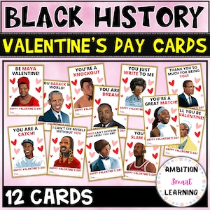 Schwarze Geschichte Valentinstag Karten, Pinnwand Anzeige, Karten für Klassenzimmer, Schwarze Geschichte Dekor, Afroamerikanische Geschichte, Printable