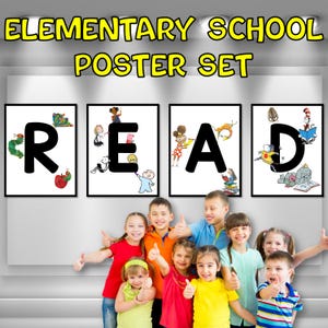 Elementary Character READ Poster Set, Classroom reading posters, Educational cool kids read books wall art, Teacher printable set