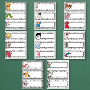 May include: A set of name tags with cartoon characters. Each tag has a white rectangular space for writing, framed by a black dotted border. Characters include Peter Rabbit, a zebra, and a brown bear. The tags are on a green background.
