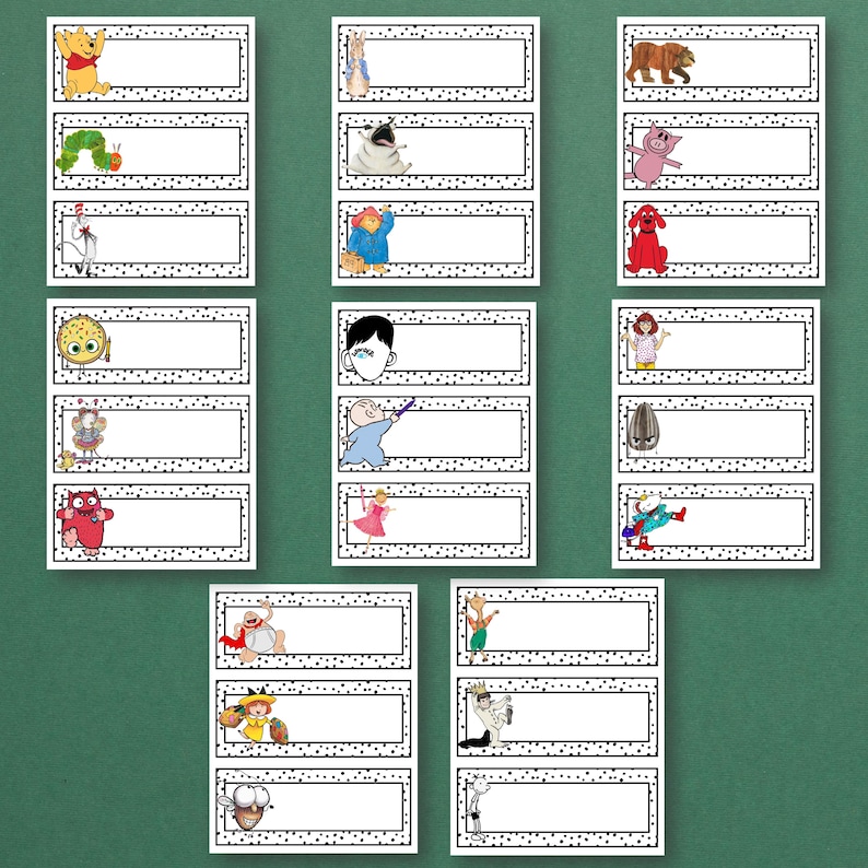 May include: A set of name tags with cartoon characters. Each tag has a white rectangular space for writing, framed by a black dotted border. Characters include Peter Rabbit, a zebra, and a brown bear. The tags are on a green background.
