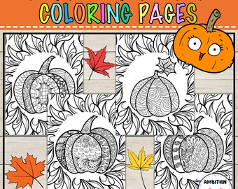 Pumpkin Mandala Zentangle Coloring Pages, Halloween Pumpkin Mandala Coloring Pages for Adults and Kids, Fall Coloring Pages for Relaxation