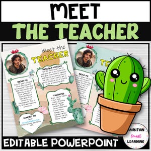 Plantillas editables para conocer al maestro, temática de cactus, regreso a clases, aula del maestro, carta al maestro, decoración del aula