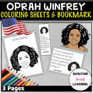 May include: Black and white coloring sheets and bookmark featuring Oprah Winfrey. The sheets include a portrait of Oprah Winfrey and a quote: "You are responsible for your life. You can't keep blaming somebody else for your dysfunction. Life is really about moving on." - Oprah Winfrey. The bookmark features a portrait of Oprah Winfrey and the quote: "You are responsible for your life. You can't keep blaming somebody else for your dysfunction. Life is really about moving on." - Oprah Winfrey.