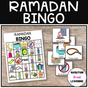 May include: A colorful Ramadan Bingo game with images of a mosque, dates, prayer beads, a lantern, and a person drinking water. The game board has a free space and the text "Ramadan Bingo".