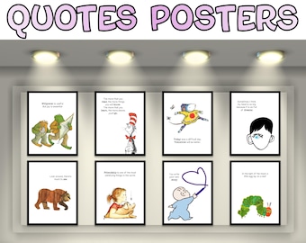 Posters boekpersonage, inspirerend citaat kinderverhaalboek, muurposter personagegalerij, bibliotheekdecor klaslokaal, prikbord