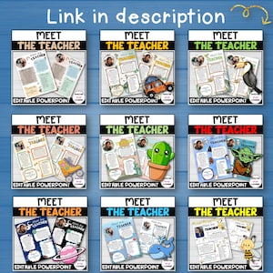 May include: A collection of nine "Meet the Teacher" editable PowerPoint templates. Each template features a different design, including a toucan, a cactus, and a cartoon Yoda. The text "Link in description" is at the top.