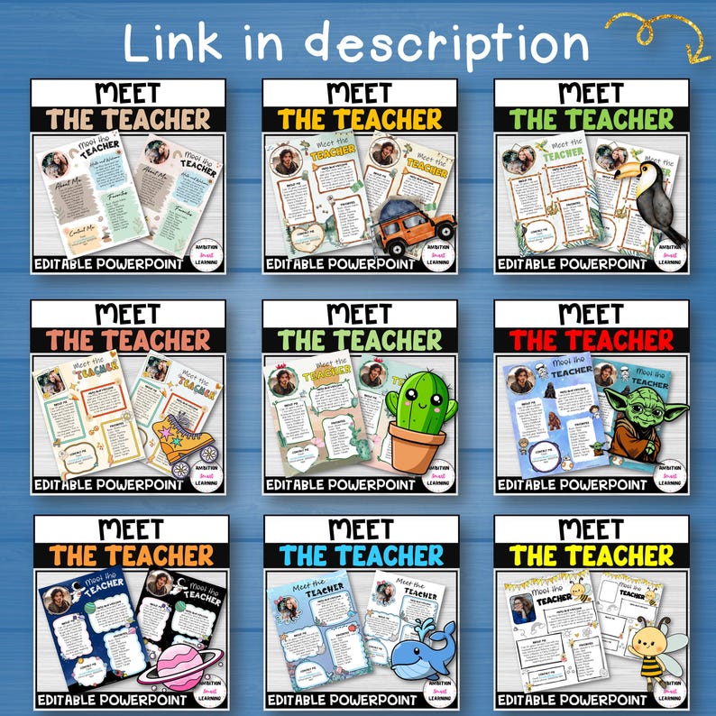 May include: A collection of nine "Meet the Teacher" editable PowerPoint templates. Each template features a different design, including a toucan, a cactus, and a cartoon Yoda. The text "Link in description" is at the top.