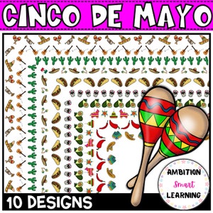 Cinco de Mayo Borders illustraties, Fiesta Clipart, Mexico-illustraties, sombrero, taco's, avocado, cactus, taco's, ontworpen schedel, Mexicaanse vlag,