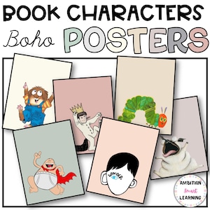 Book Character Posters Neutral Boho Modern Story Book Character Posters, Classroom Library, Posters, Bulletin Board, Classroom Decor
