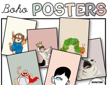 Pósteres de personajes de libros, estilo bohemio moderno y neutro, para bibliotecas, tablones de anuncios y decoración del aula.