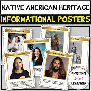 Poster del mese del patrimonio dei nativi americani con bacheca con breve biografia, personaggi indigeni famosi,
