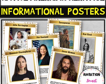 Cartazes do Mês da Herança Nativa Americana com Biografia Curta, Quadro de Avisos, Pessoas Indígenas Famosas,