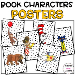 Book Character Posters Polka Dot, Classroom Library, Book Character Portraits for Character Gallery Wall, Bulletin Board, Classroom Decor
