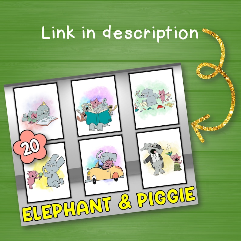 May include: A set of six framed illustrations featuring Elephant & Piggie characters in various scenes. The illustrations are colorful and whimsical, with text that reads "Link in description" and "Elephant & Piggie". A gold glitter arrow points to the illustrations.