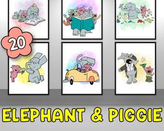 Elephant & Piggie Posters, Book Character Posters, Children's Story Book, Watercolor, Character Gallery Wall Poster, Classroom Library Decor