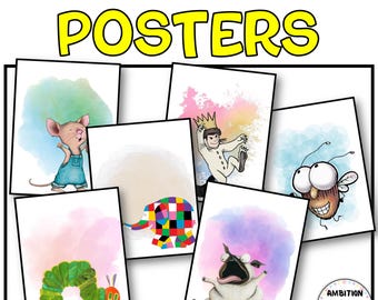 Book Character Posters, Watercolors, Classroom Library, Bulletin Board, Classroom Decor, Book Character Portraits for Character Gallery Wall