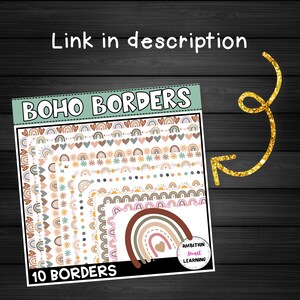 May include: A collection of ten Boho Borders with various designs, including rainbows, hearts, and stars. The borders are in soft pastel colors, with the text "BOHO BORDERS" at the top and "10 BORDERS" at the bottom. The text "Link in description" is also visible.