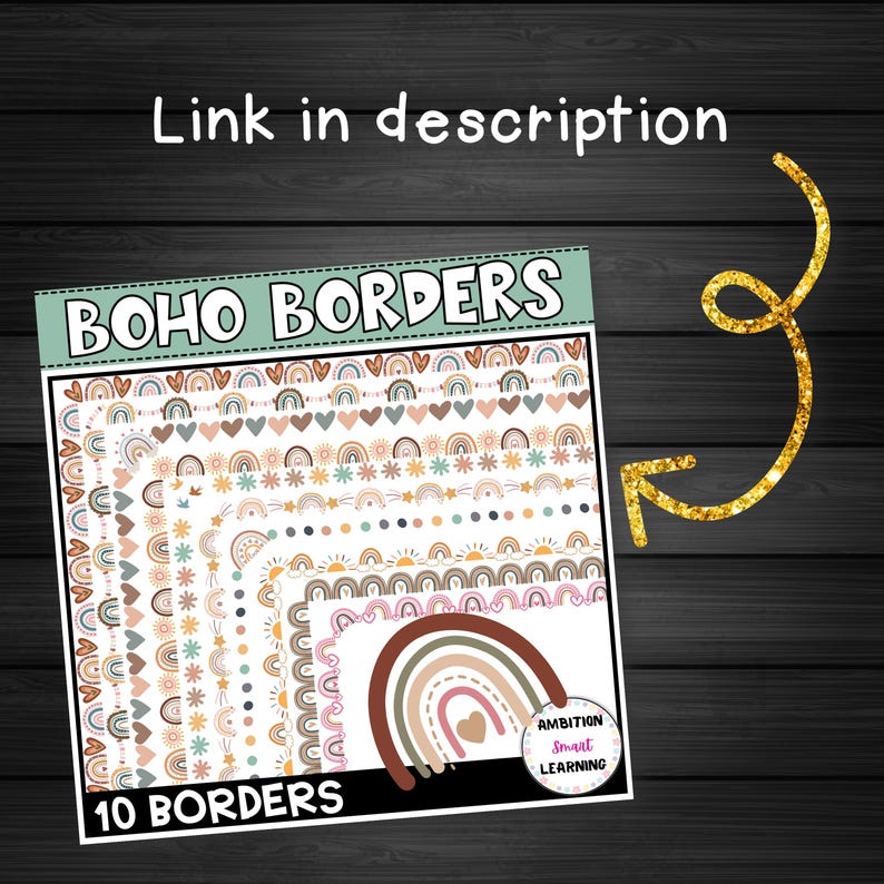 May include: A collection of ten Boho Borders with various designs, including rainbows, hearts, and stars. The borders are in soft pastel colors, with the text "BOHO BORDERS" at the top and "10 BORDERS" at the bottom. The text "Link in description" is also visible.