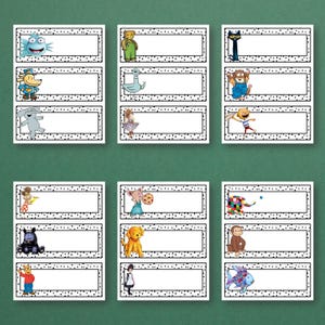 May include: Nine name tags with cartoon characters. Each tag has a white rectangular space for writing, framed by a black dotted border. The characters include a blue monster, a bear, a black cat, and others. Ideal for children.