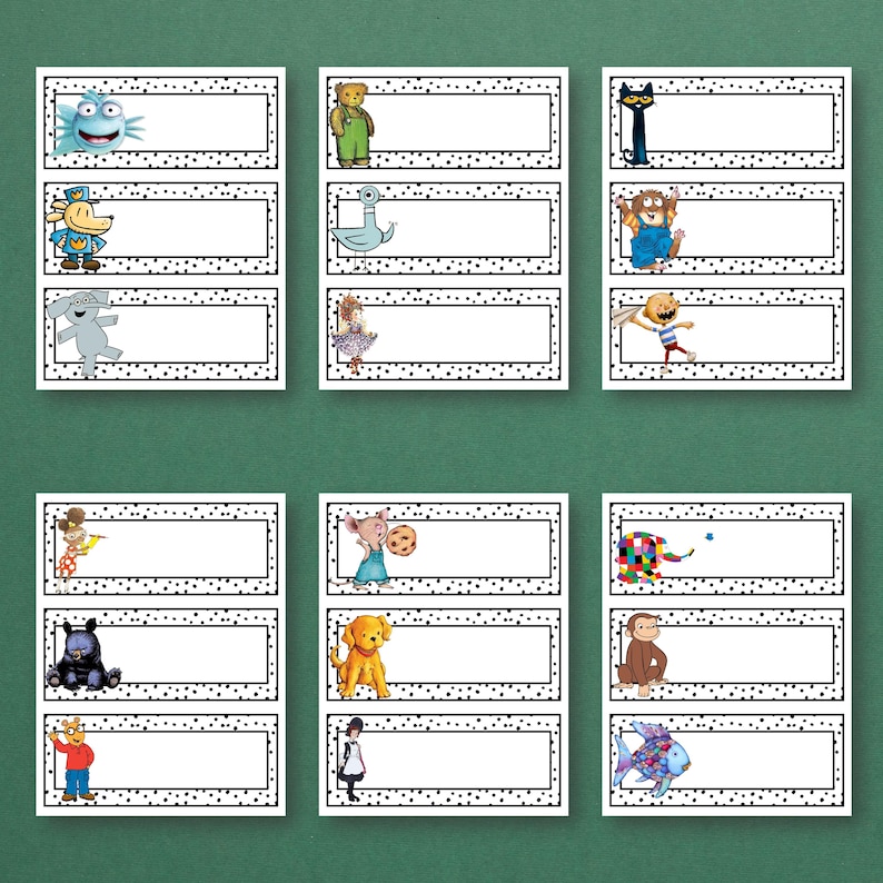 May include: Nine name tags with cartoon characters. Each tag has a white rectangular space for writing, framed by a black dotted border. The characters include a blue monster, a bear, a black cat, and others. Ideal for children.