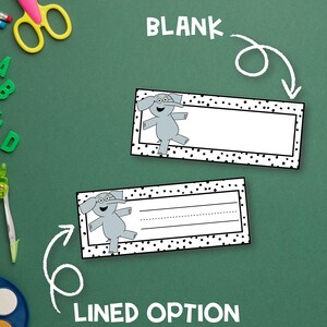 May include: Two name tags with a black and white polka dot border and a cartoon elephant. One tag is blank, and the other has lined spaces. The words "BLANK" and "LINED OPTION" are written on the green background.