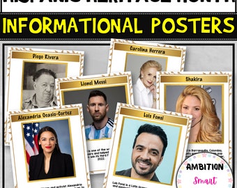 May include: A set of six informational posters featuring famous Hispanic people, including Diego Rivera, Alexandria Ocasio-Cortez, Lionel Messi, Carolina Herrera, Luis Fonsi, and Shakira. Each poster has a gold border and includes a brief description of the person.