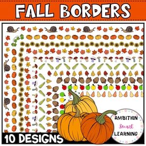 Autumn Borders, Fall Borders Clip Art, Leaves, Pumpkins, Acorns, Mushrooms, Squashs, Snails, Sunflowers, Apples, Corns