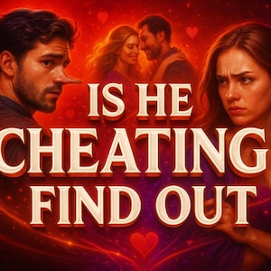 May include: Digital art with a red and purple background featuring a man with a long nose and a woman with a concerned expression. The text "IS HE CHEATING? FIND OUT" is prominently displayed in a stylized font.