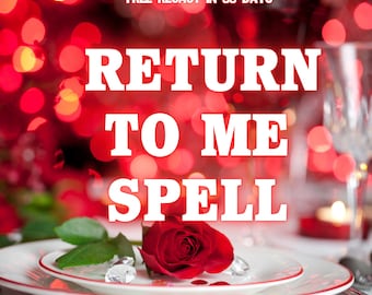 May include: A romantic image featuring a red rose on a white plate with a red rim. The words "RETURN TO ME SPELL" are displayed in large white letters. The background is a blurred bokeh of red lights.